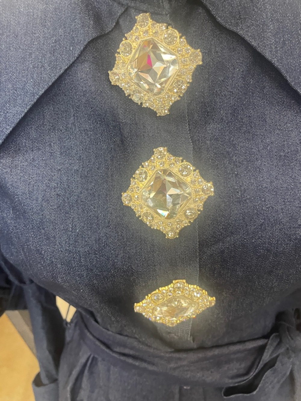 Dark Blue Puff Sleeve Tie-Waist dress with Embellished Buttons - Picture 3 of 4